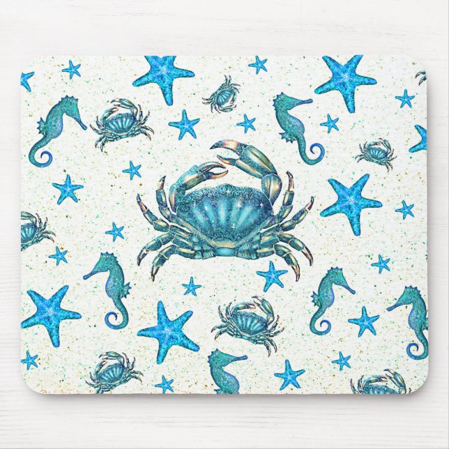 Mousepad Crab-Starfish-Sparkle, de Azul-Praia Moderna (Frente)