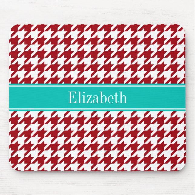 Mousepad Cranberry Red Wht Houndstooth Teal Name Monograma (Frente)