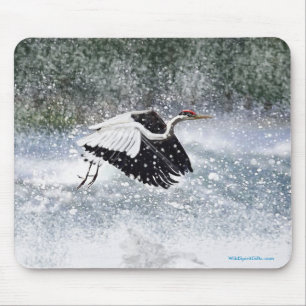 Mousepad Crane de Cresto Vermelho Japonês Voando em Neve