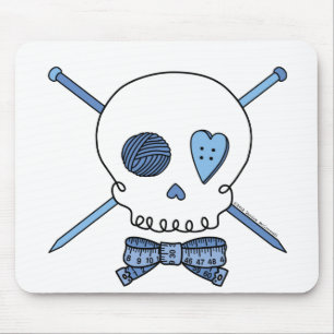 Mousepad Crânio & agulhas de confecção de malhas (azuis)