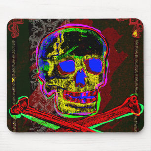 Mousepad Crânio Calavera Arte NFT pGeek Vermelho Preto Azul