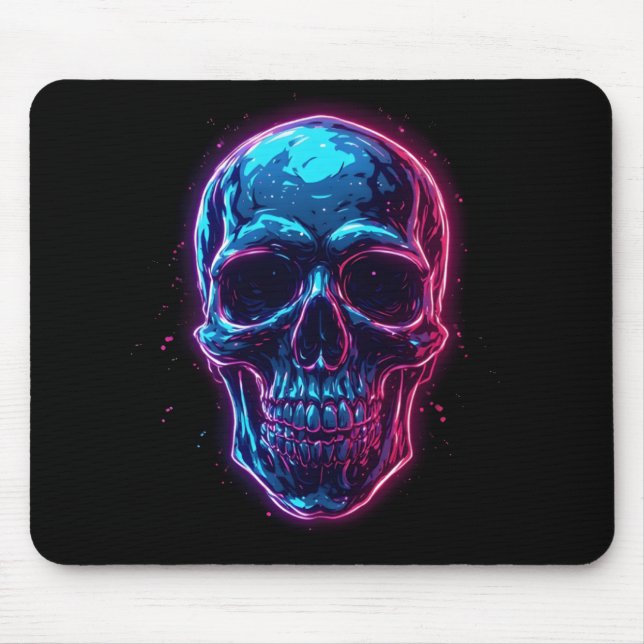 Mousepad Crânio Cyberpunk Neon Synthwave Brilho Gamer Gótic (Frente)