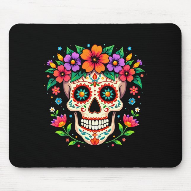 Mousepad Crânio de Açúcar do Dia dos Mortos com Flores Masc (Frente)