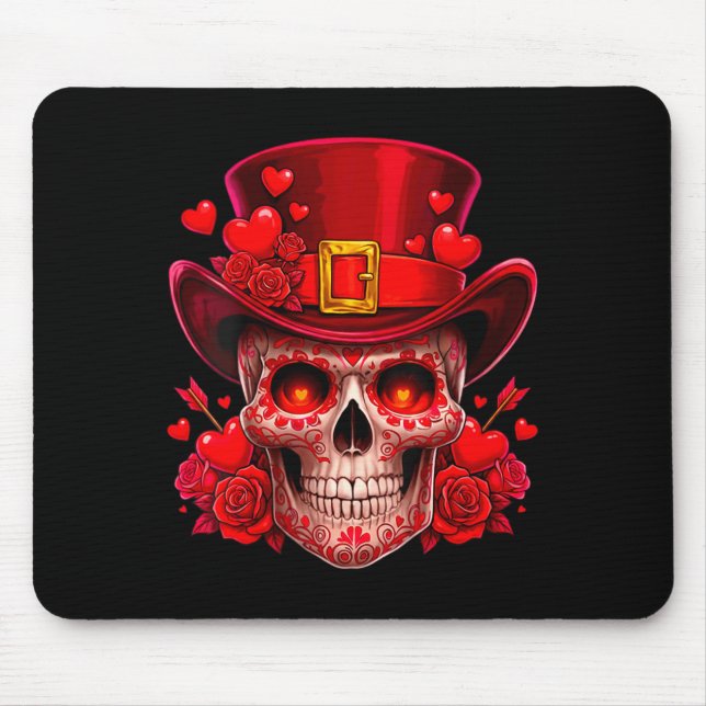 Mousepad Cranio de Açúcar do Dia dos Namorados com Rosas Ve (Frente)