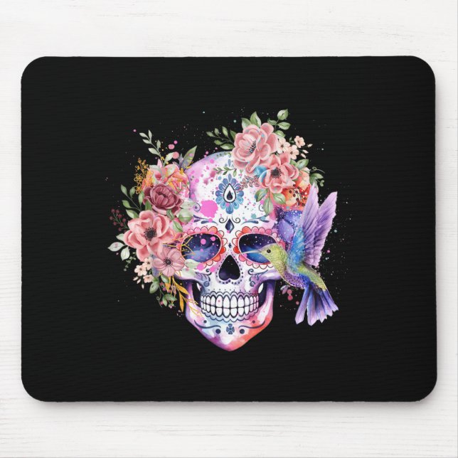 Mousepad Cranio de Açúcar Flor Retro com Beija-flor (Frente)