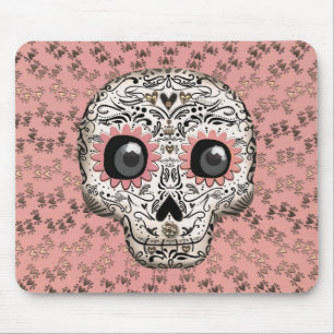Mousepad Crânio de açúcar rosa e Dourado e corações br