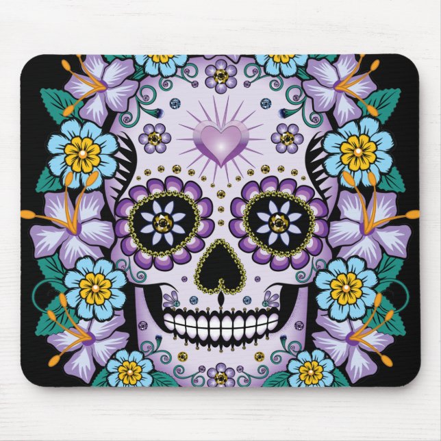 Mousepad Crânio de Açúcar Roxo com Flores (Frente)