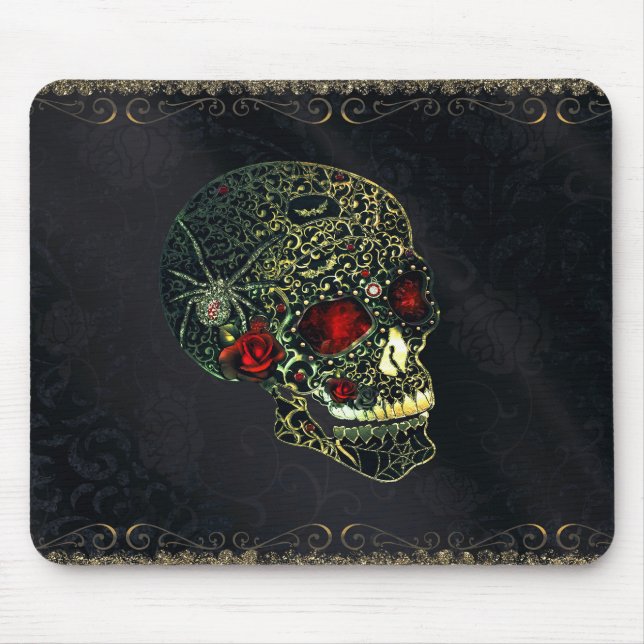 Mousepad Crânio de Aranha com Joias & Rosas Glam Filigrana  (Frente)