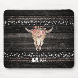 Mousepad Crânio de Vaca Floral Rústico Boho Chic Glam Prata