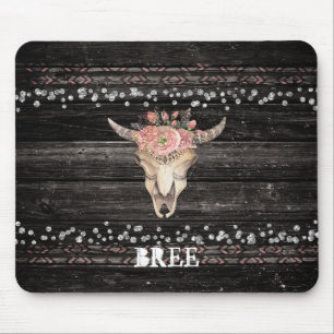 Mousepad Crânio de Vaca Floral Rústico Boho Chic Glam Prata