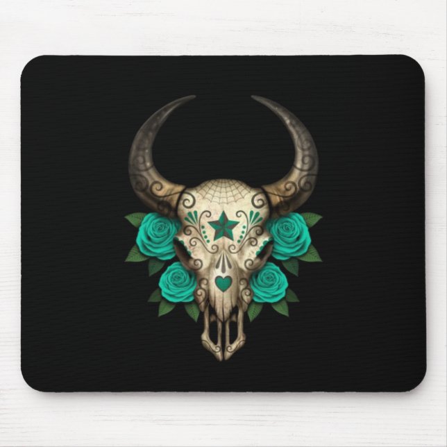 Mousepad Crânio do açúcar de Bull com os rosas da cerceta (Frente)