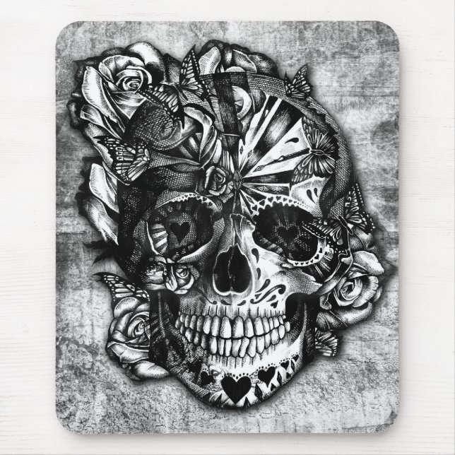 Mousepad Crânio do açúcar dos doces do Grunge em preto e (Frente)