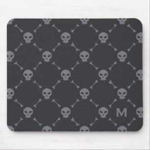 Mousepad Crânio e Ossos Verificar Padrão Cinza Monograma