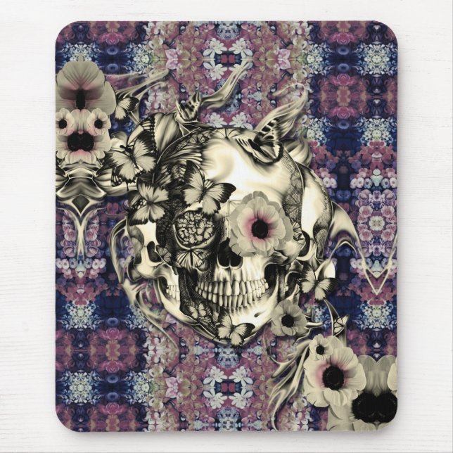 Mousepad Crânio feito das papoilas e das borboletas (Frente)