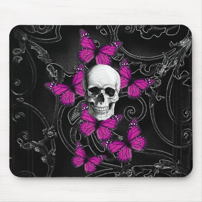 Mousepad Crânio gótico & borboletas roxas (Frente)
