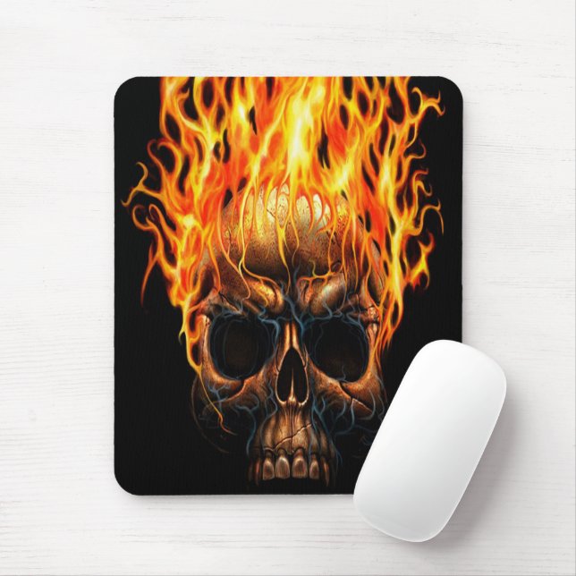 Mousepad Cranio Gótico Padrão de Chamas Fogo Laranja Amarel (Com mouse)