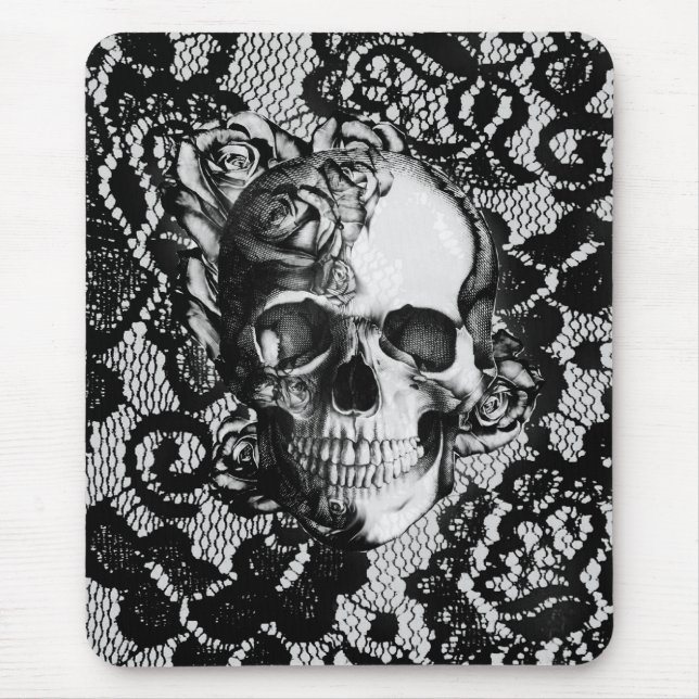 Mousepad Crânio preto e branco do rosa no fundo do laço (Frente)