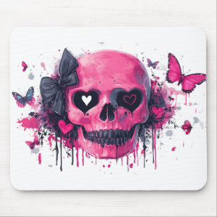 Mousepad Crânio rosa com borboletas e corações