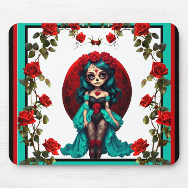 Mousepad Crânios de açúcar de chá e Rosas vermelhas (Frente)
