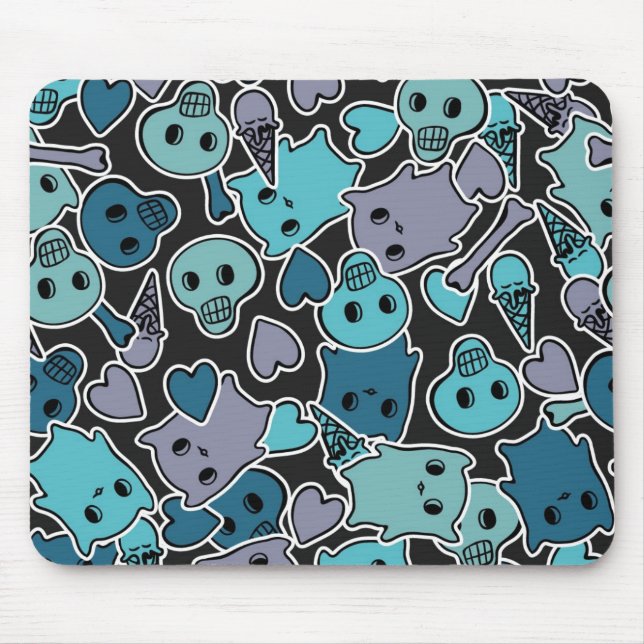 Mousepad Crânios, e corações no fundo preto 2 (Frente)