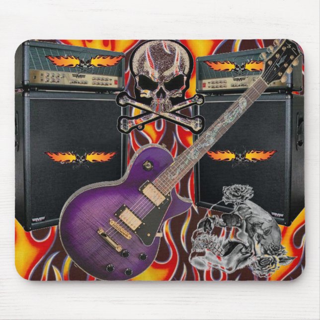 Mousepad Crânios flamejantes da guitarra roxa & ampère (Frente)