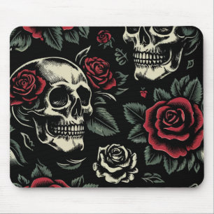 Mousepad Crânios & Rosas Vermelhas Floral Gótico