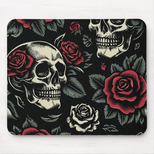 Mousepad Crânios & Rosas Vermelhas Floral Gótico (Frente)
