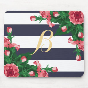 Mousepad Cravos & monograma cor-de-rosa das listras de