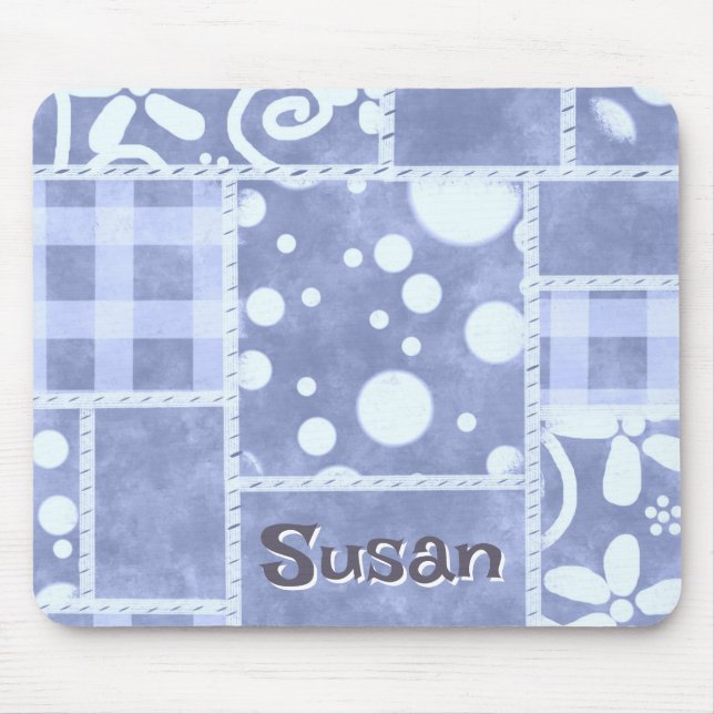 Mousepad Crazy Quilt Blue Gingham Floral Personalized  (Frente)