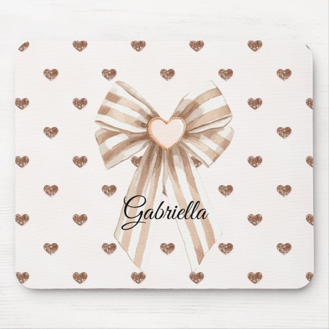 Mousepad Cream Cocoa Bow Blush Pink Glitter Hearts (Frente)