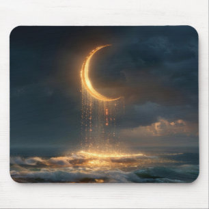Mousepad Crescente Lunar Dourado Surrealista Acima do Ocean
