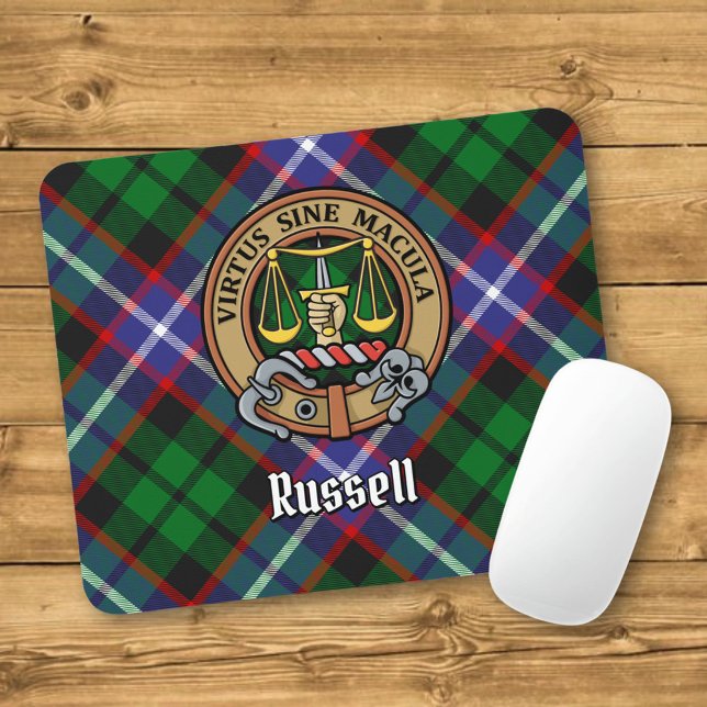 Mousepad Crest do Clã Russell sobre Tartan (Criador carregado)