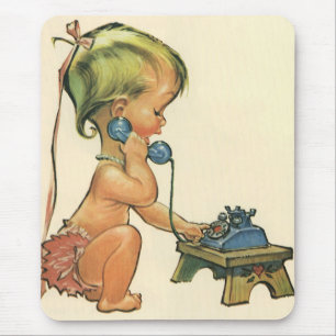 Mousepad Criança Antiga Linda Garota Loira Falando no Telef
