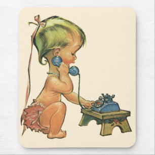 Mousepad Criança Antiga Linda Garota Loira Falando no Telef