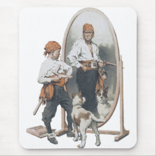 Mousepad Criança Antiga, Pirata Menino, Cachorro, Espelho,