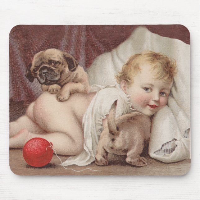 Mousepad Criança no jogo com pugs (Frente)