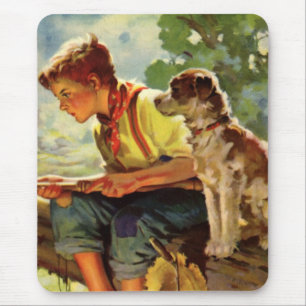 Mousepad Criança Vintage, Garoto pescando com seu Cachorro