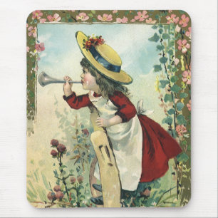 Mousepad Criança Vitoriana Antiga, Menina Sopra Trombeta Pr