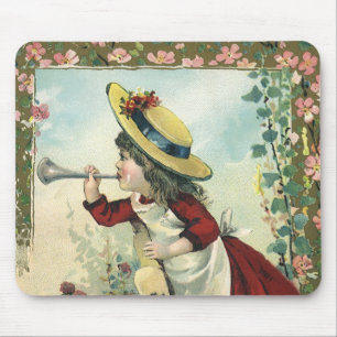 Mousepad Criança Vitoriana Antiga, Menina Tocando Corneta e