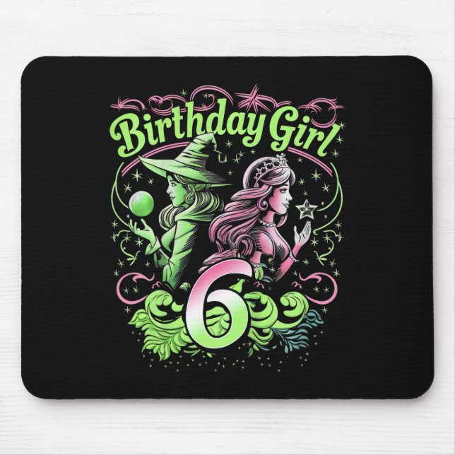 Mousepad Crianças 6 bruxas de aniversário rosa e verde de 6 (Frente)
