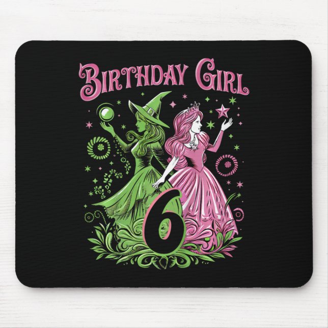 Mousepad Crianças 6 bruxas de aniversário rosa e verde de 6 (Frente)