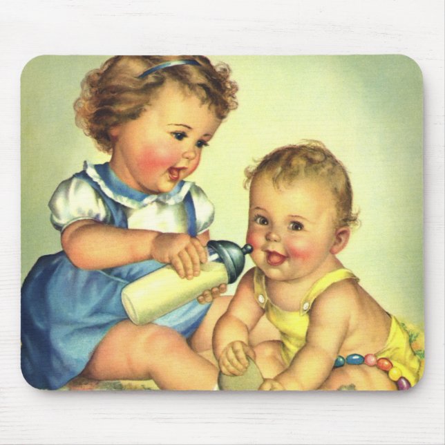 Mousepad Crianças Antigas, Bebês Felizes Sorriem Mamadeira (Frente)