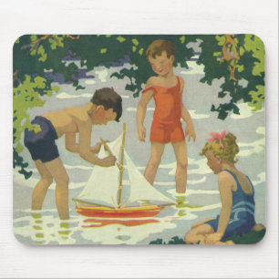 Mousepad Crianças Antigas Brincando com Barcos à Vela de Br