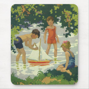 Mousepad Crianças Antigas Brincando com Barcos à Vela no La