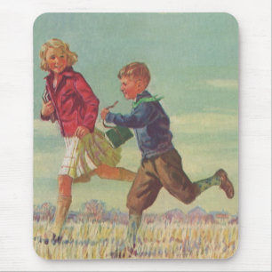 Mousepad Crianças Antigas Correndo para a Escola Carregando