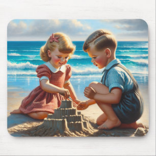 Mousepad Crianças construindo um castelo de areia na praia