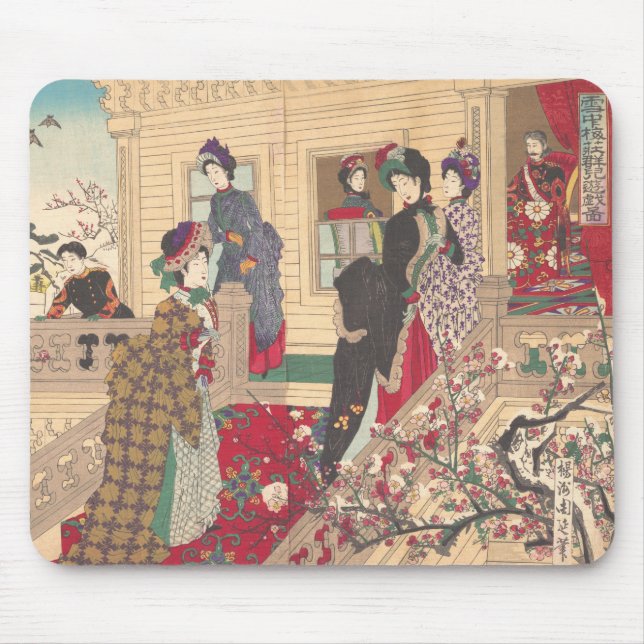 Mousepad Crianças que jogam na neve sob árvores de ameixa (Frente)