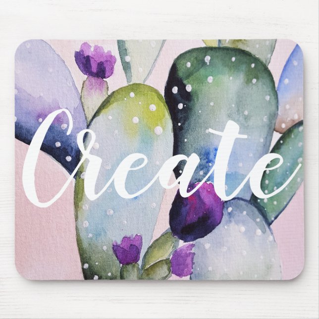 Mousepad Criar Cactus de Aquarela e Brilhos Roxos (Frente)