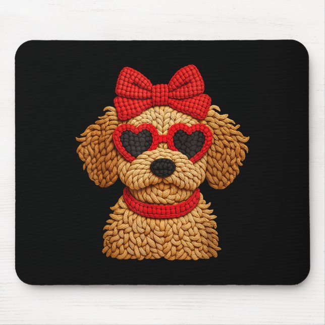 Mousepad Crochet Puppy Heart Sungles Red Bow Valentines Day (Frente)