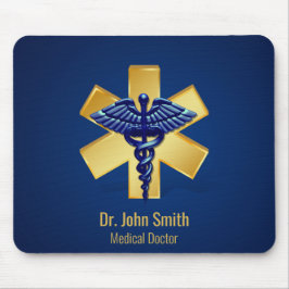 Mousepad Cruz Dourada de Caduceus 3D Médico Azul